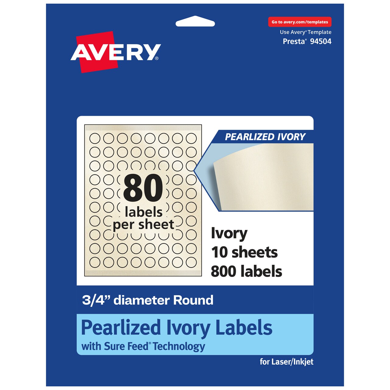 Avery Pearlized Ivory Round Labels with Sure Feed Technology, Print-to-the-Edge, .75" diameter
